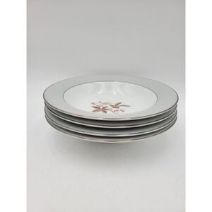 4 Noritake China #5447 Leaves Berries soup bowls Gray band pink berries 1950s